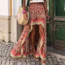 Saia maxi assimétrica feminina com padrão floral Mais curta à frente e mais longa atrás Cintura franzida elástica Bainha às riscas 3