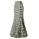 Saia maxi feminina com cordão e folhos Corte sereia com cintura alta Tecido estampado com ornamentos Folho na bainha Poliéster 4