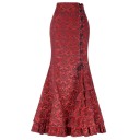 Saia maxi feminina com cordão e folhos Corte sereia com cintura alta Tecido estampado com ornamentos Folho na bainha Poliéster 1