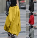 Saia maxi feminina em algodão com bolsos laterais Corte balão volumoso com pregas na cintura Cintura com botão Saia longa solta 8