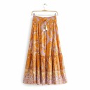 Sáia maxi laranja para mulheres com estampado ornamental Cintura elástica franzida com cordão e franjas Corte em camadas com volantes Algodão 1