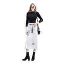Saia midi branca de denim para senhora com efeito rasgado e impressão de inscrições pretas Bainha desfiada Bolsos à frente e atrás Algodão 2