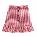 Saia mini feminina com volantes e botões pretos Padrão de pé de galo em vermelho e branco Parte superior justa e reta Poliéster com algodão 1