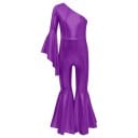 Salopetă de dans pentru fete cu umăr asimetric, pantaloni evazați și mânecă, material metalic din poliester cu elastan, pentru disco 6