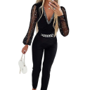 Salopetă neagră pentru femei cu pietricele Decolteu în V Pantaloni lungi Top elegant Mâneci din dantelă Curea în talie Poliester de ocazie 4