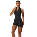 Salopetă sportivă pentru femei cu bretele și pantaloni scurți, cu fermoar la decolteu, salopetă fitness uni din nailon și spandex 2