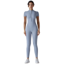 Salopetă sportivă pentru femei cu mânecă scurtă, fermoar la decolteu, colanți strâmți, unicolor, nylon, spandex, îmbrăcăminte pentru fitness 9