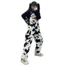 Salopette blanche à pois noirs Motif vache Inscription ne parle pas aux étrangers Poches Décolleté rond Pantalons longs Débardeur 4