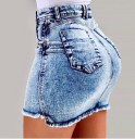 Salsa de ganga feminina mini com cintura alta Corte ajustado Bainha desfiada Aspeto desbotado Bolsos dianteiros e traseiros Algodão 1