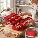 Scatola metallica per attrezzi 3 livelli e 5 scomparti Portatile pieghevole con manico 45,7 x 20 x 21,5 cm Acciaio rosso Per officina magazzino e garage 2