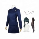 Schuluniform Kostüm für Erwachsene Dunkelblauer Mantel mit Stehkragen und Rock Grüne Perücke mit Zopf Brille und Strumpfhosen Polyester 1