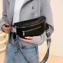 Schwarze Damen-Gürteltasche 24,5 x 14,5 x 8 cm Stylische Crossbody-Tasche aus Kunstleder Modische Schultertasche Verstellbarer Riemen Doppelte Reißverschlüsse 8