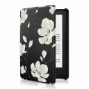 Schwarze Flip-Hülle 6 Zoll für Kindle 10. Generation 2019 mit großen weißen Blumen und Knospen auf dünnen Zweigen mit Trageband und Folie 1