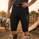Schwarze Motocross-Shorts bis zum Knie mit festen Oberschenkelprotektoren und gepolsterten Hüftprotektoren sowie breitem elastischem Bund 6