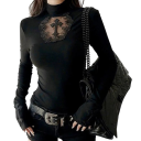 Schwarzes Damen Langarm T-Shirt Spitzenausschnitt mit Kreuz Gothic Style Slim Fit Elegantes Top mit hohem Kragen 2