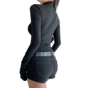 Schwarzes Damen Langarm T-Shirt Spitzenausschnitt mit Kreuz Gothic Style Slim Fit Elegantes Top mit hohem Kragen 3