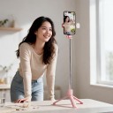 Selfie-stang med stativ og LED-lys med Bluetooth-fjernbetjening Aluminium teleskopisk stang Drejelig telefonholder 360° Pink til rejser 3