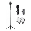 Selfie stick cu trepied de 1,7 m, 2 lumini LED și microfon cu receptor USB-C, control Bluetooth, suport telefon 360° Negru pentru videoclipuri 1