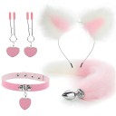 Set 4 în 1, bandă pentru cap cu urechi bicolore, guler pentru inimă, cleme pentru mamelon, plug anal metalic cu coadă în două tonuri, ambalaj 3