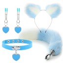 Set 4 în 1, bandă pentru cap cu urechi bicolore, guler pentru inimă, cleme pentru mamelon, plug anal metalic cu coadă în două tonuri, ambalaj 4