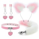 Set 4 în 1, bandă pentru cap cu urechi bicolore, guler pentru inimă, cleme pentru mamelon, plug anal metalic cu coadă în două tonuri, ambalaj discret 6
