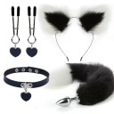 Set 4 în 1, bandă pentru cap cu urechi bicolore, guler pentru inimă, cleme pentru mamelon, plug anal metalic cu coadă în două tonuri, ambalaj discret 1