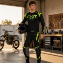 Set aus langärmligem Motocross-Trikot und Hose mit Gurt und Schnalle in der Taille und neon-gelben Streifen für Motorrad und Quad schwarz 3