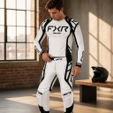 Set aus langärmligem Motocross-Trikot und Hose mit Schnalle am Bund und schwarzen Streifen an den Seiten für Geländemotorrad und Quad in Weiß 5