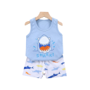 Set copil albastru cu rechin, maiou cu bretele late și pantaloni scurți cu elastic, unisex, ținută de vară din bumbac 2