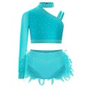 Set da danza per ragazze con strass e piume, top asimmetrico con un maniche e pantaloni, poliestere ed elastan, costume per danza jazz e moderna 1