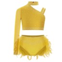 Set da danza per ragazze con strass e piume, top asimmetrico con un maniche e pantaloni, poliestere ed elastan, costume per danza jazz e moderna 6