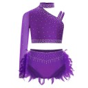 Set da danza per ragazze con strass e piume, top asimmetrico con un maniche e pantaloni, poliestere ed elastan, costume per danza jazz e moderna 4