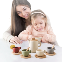 Set da tè in legno per bambini Montessori con teiera, 4 tazze, piattini e cucchiaini BPA Free, giocattolo educativo, set da cucina per gioco del tè 3