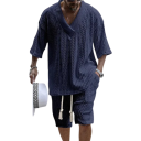 Set da uomo t-shirt e pantaloni corti con motivo lavorato a maglia e scollo a V in poliestere con cordino in vita taglio comodo abbigliamento estivo per spiaggia e tempo libero 5