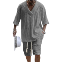 Set da uomo t-shirt e pantaloni corti con motivo lavorato a maglia e scollo a V in poliestere con cordino in vita taglio comodo abbigliamento estivo per spiaggia e tempo libero 2