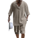 Set da uomo t-shirt e pantaloni corti con motivo lavorato a maglia e scollo a V in poliestere con cordino in vita taglio comodo abbigliamento estivo per spiaggia e tempo libero 3