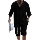 Set da uomo t-shirt e pantaloni corti con motivo lavorato a maglia e scollo a V in poliestere con cordino in vita taglio comodo abbigliamento estivo per spiaggia e tempo libero 1