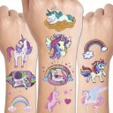 Set de 14 foițe de tatuaje temporare strălucitoare cu motiv de unicorni, autocolante pentru corp și decorațiuni rezistente la apă pentru copii 2