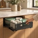 Set de 2 cutii joase glisante pentru dulapul de bucătărie cu șine 37,5 x 24,5 x 10 cm Oțel carbon și plastic Gri închis Organizator pentru cămară 5