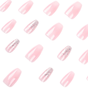 Set de 24 piezas de uñas artificiales con brillo sutil, forma Coffin, longitud media, diseño acrílico ligero, tips autoadhesivos 2