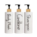 Set de 3 dozatoare alb-negru de 500 ml pentru gel de duș, șampon și balsam. Sticle de plastic cu pompă. Capac cu aspect de lemn. 4