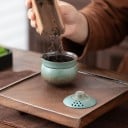 Set de ceai de călătorie cu cană ceramică cu capac și orificii pentru filtrare cu husă cu fermoar ultraușoară și portabilă pentru camping 6