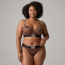 Set de lenjerie intimă pentru femei, sutien push-up și chiloți tanga cu bretele decorate cu cristale și margine elastică neagră în model leopard maro 2