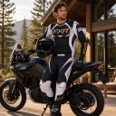 Set de motocross cu bluză cu mânecă lungă și pantaloni cu panouri laterale albe și inscripții aurii pentru motocross, enduro și ATV, negru 5