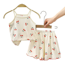 Set de vară pentru fetițe bej, top cu bretele subțiri și pantaloni scurți cu imprimeu de cireșe, decolteu rotund, set confortabil pentru vară 1