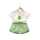 Set de vară pentru fetițe cu tricou cu mânecă scurtă și pantaloni scurți în carouri Cu decolteu rotund Imprimare cu fructe 6