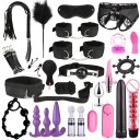 Set di 26 pezzi di accessori erotici BDSM per giochi intensi di bondage con manette, fruste, vibratori, morsetti e altri elementi. Confezione discreta 18