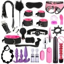 Set di 26 pezzi di accessori erotici BDSM per giochi intensi di bondage con manette, fruste, vibratori, morsetti e altri elementi. Confezione discreta 20