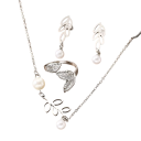 Set di gioielli design botanico in acciaio inossidabile 316L Collana 45+5 cm Orecchini 3,3 cm Anello regolabile Motivo perla e foglia per donne 3