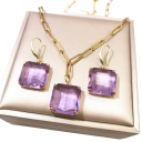 Set di gioielli in vetro collana e orecchini 48+5 cm Pendente quadrato trasparente colorato in acciaio inossidabile Accessorio di moda elegante 4